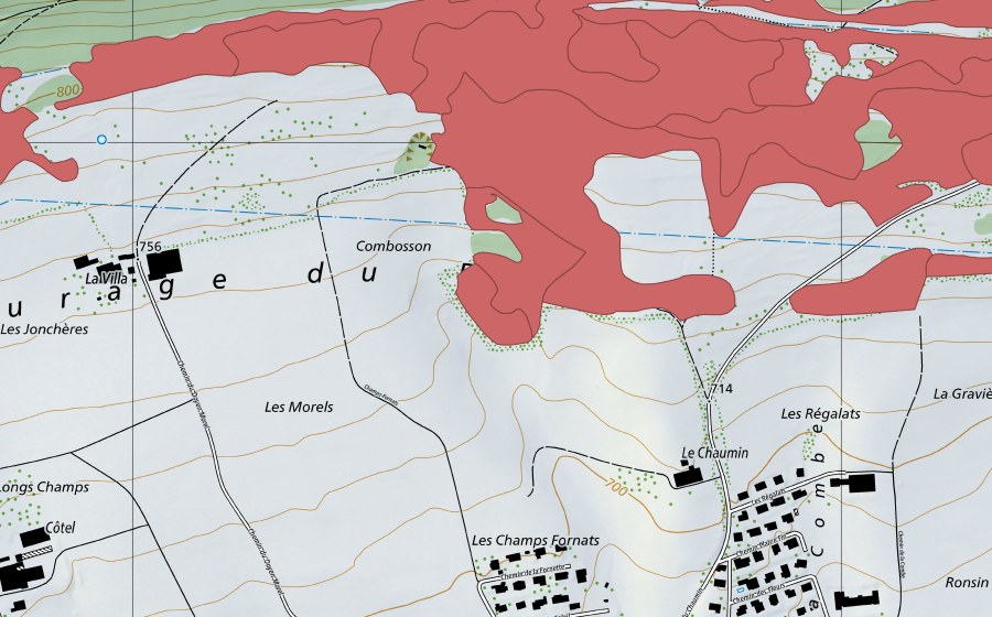 Landeskarte swisstopo mit dem Schutzperimeter von Pâturage du Droit (Trockenwiese)