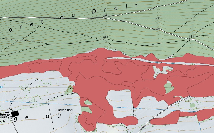 Carte nationale swisstopo avec le périmètre protégé de Pâturage du Droit (Prairie sèche)