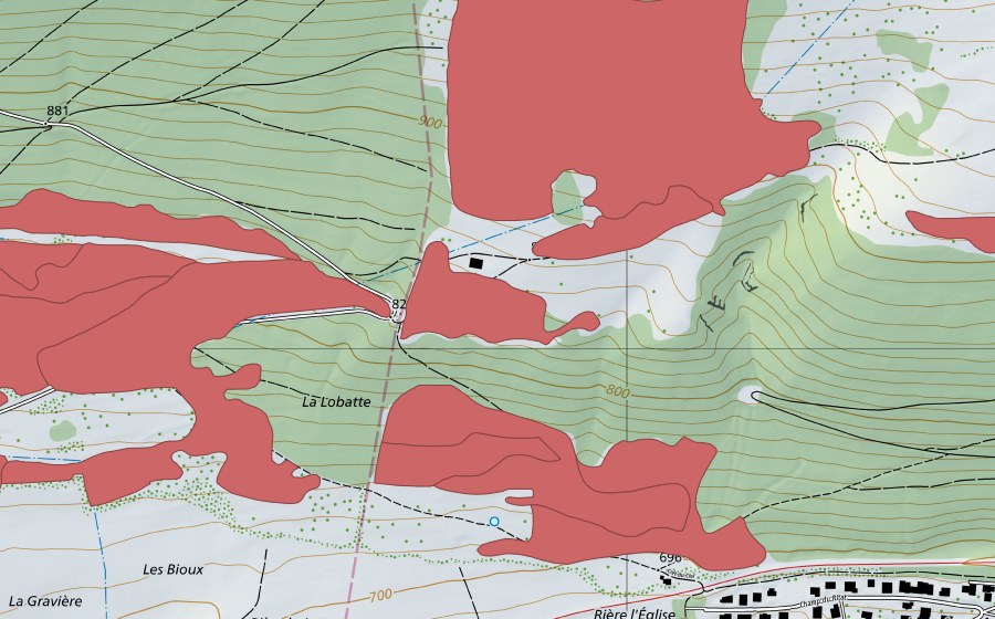 Landeskarte swisstopo mit dem Schutzperimeter von Pâturage du Droit (Trockenwiese)