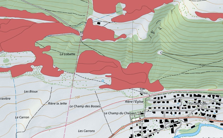 Carte nationale swisstopo avec le périmètre protégé de Pâturage du Droit (Prairie sèche)