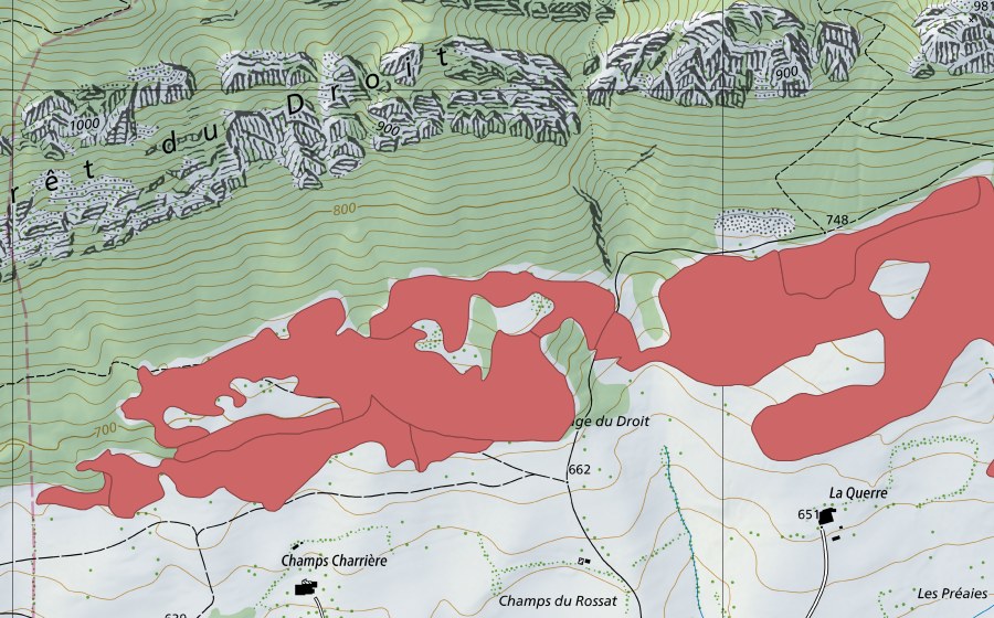 Carte nationale swisstopo avec le périmètre protégé de Pâturage du Droit (Prairie sèche)
