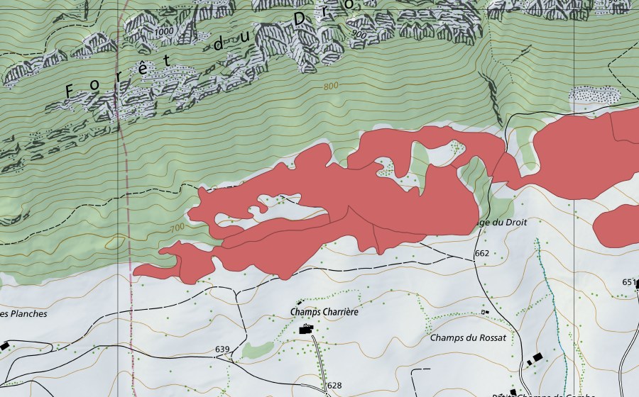 Carte nationale swisstopo avec le périmètre protégé de Pâturage du Droit (Prairie sèche)