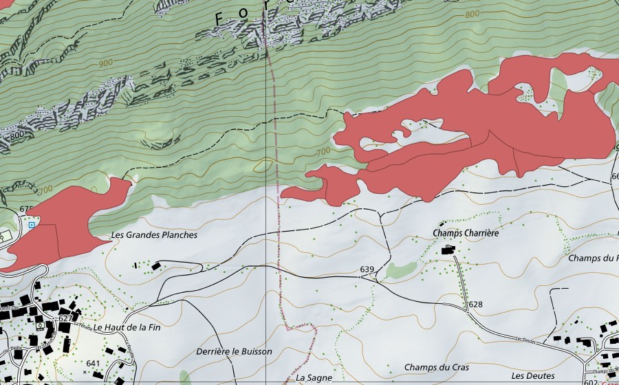 Carte nationale swisstopo avec le périmètre protégé de Pâturage du Droit (Prairie sèche)
