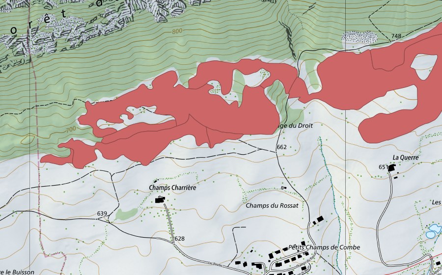 Carte nationale swisstopo avec le périmètre protégé de Pâturage du Droit (Prairie sèche)