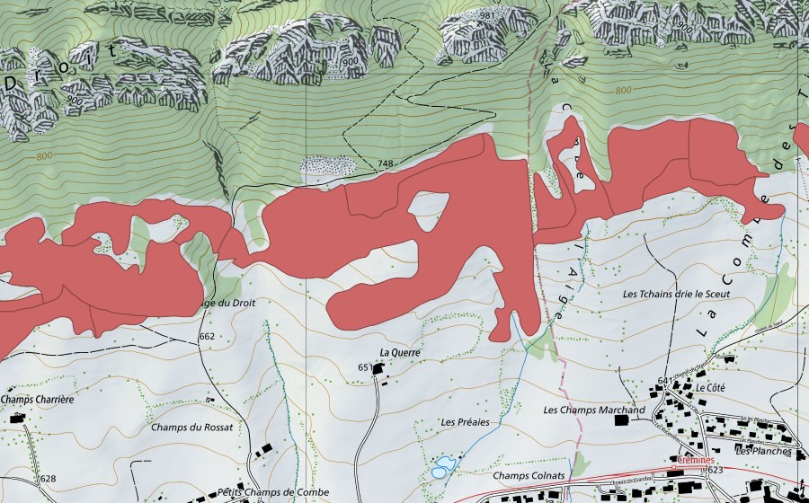 Carte nationale swisstopo avec le périmètre protégé de Pâturage du Droit (Prairie sèche)