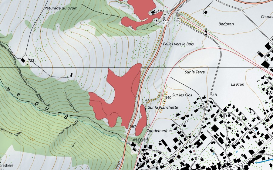 Carte nationale swisstopo avec le périmètre protégé de Pâturage du Droit (Prairie sèche)