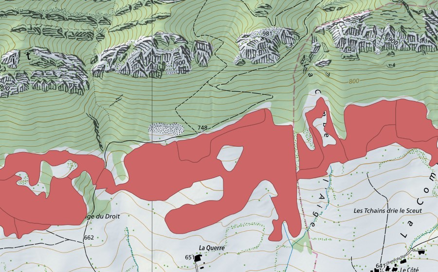 Carte nationale swisstopo avec le périmètre protégé de Pâturage du Droit (Prairie sèche)