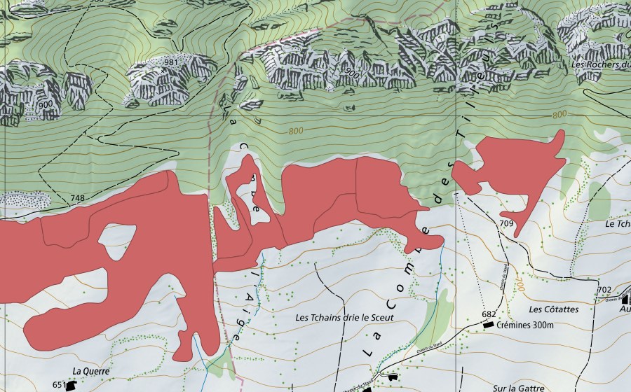 Carte nationale swisstopo avec le périmètre protégé de Pâturage du Droit (Prairie sèche)