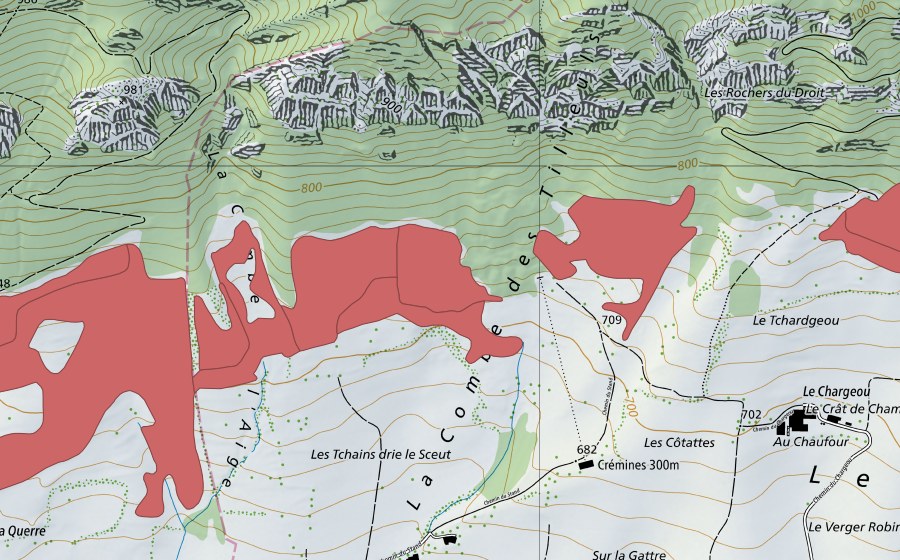 Carte nationale swisstopo avec le périmètre protégé de Pâturage du Droit (Prairie sèche)