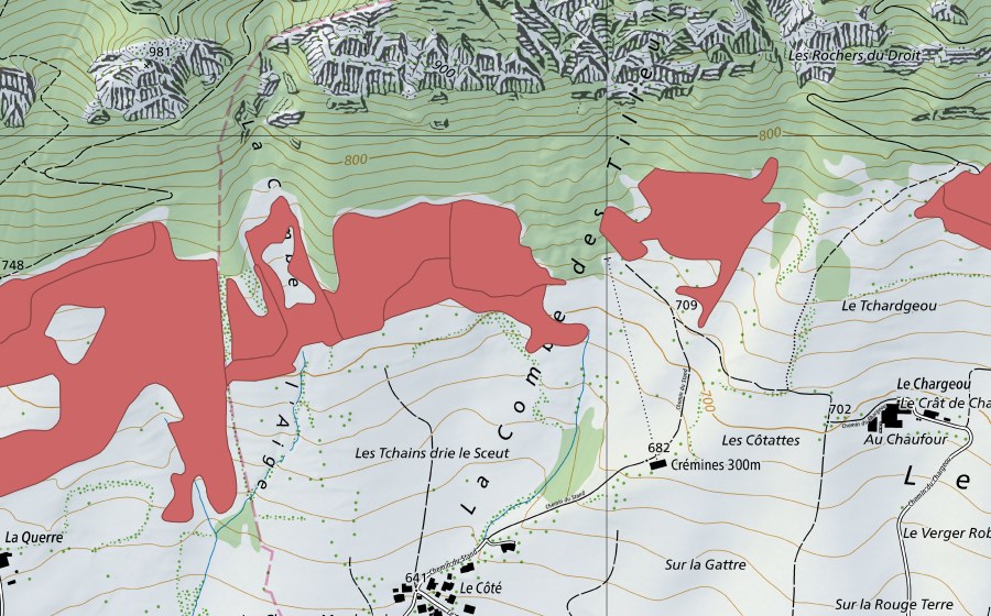 Carte nationale swisstopo avec le périmètre protégé de Pâturage du Droit (Prairie sèche)