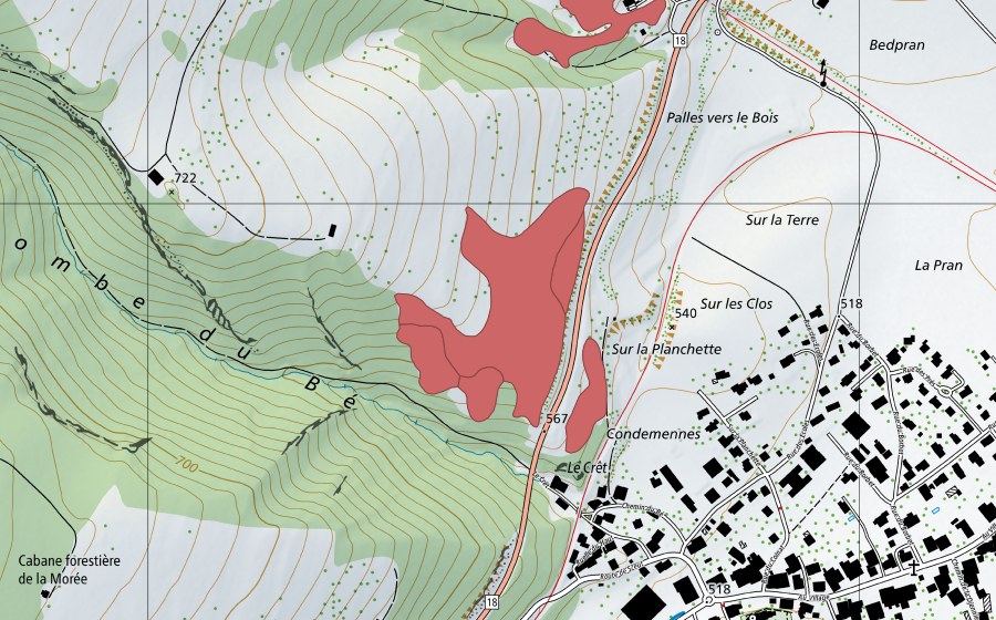 Landeskarte swisstopo mit dem Schutzperimeter von Pâturage du Droit (Trockenwiese)