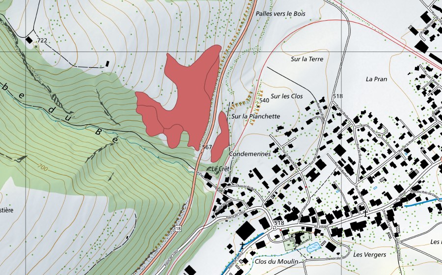 swisstopo national map showing the protected perimeter of Pâturage du Droit (Dry meadow)