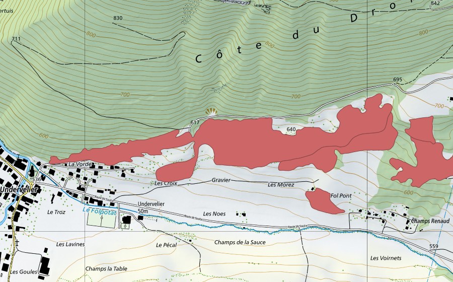 Carte nationale swisstopo avec le périmètre protégé de Pâturage du Droit (Prairie sèche)