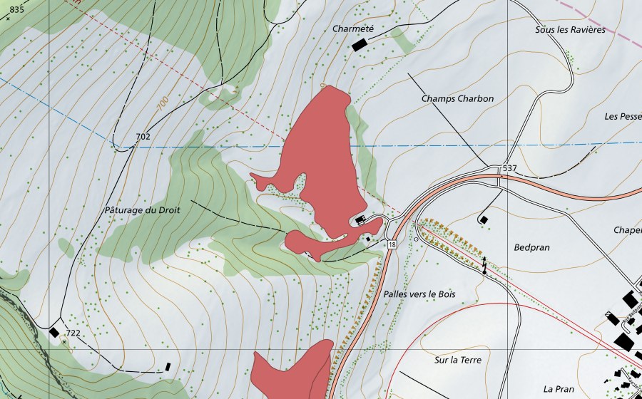 swisstopo national map showing the protected perimeter of Pâturage du Droit (Dry meadow)