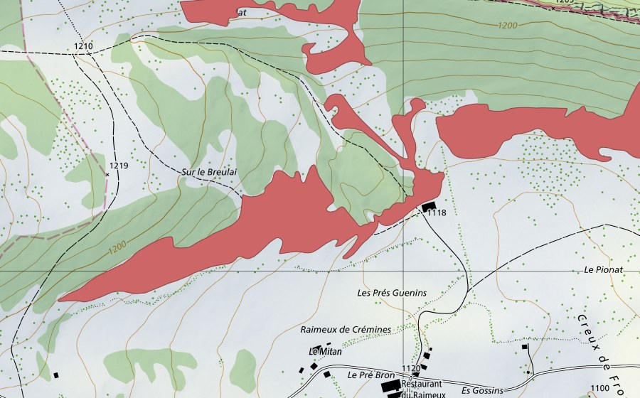 Landeskarte swisstopo mit dem Schutzperimeter von Pâturage du Raimeux (Trockenwiese)