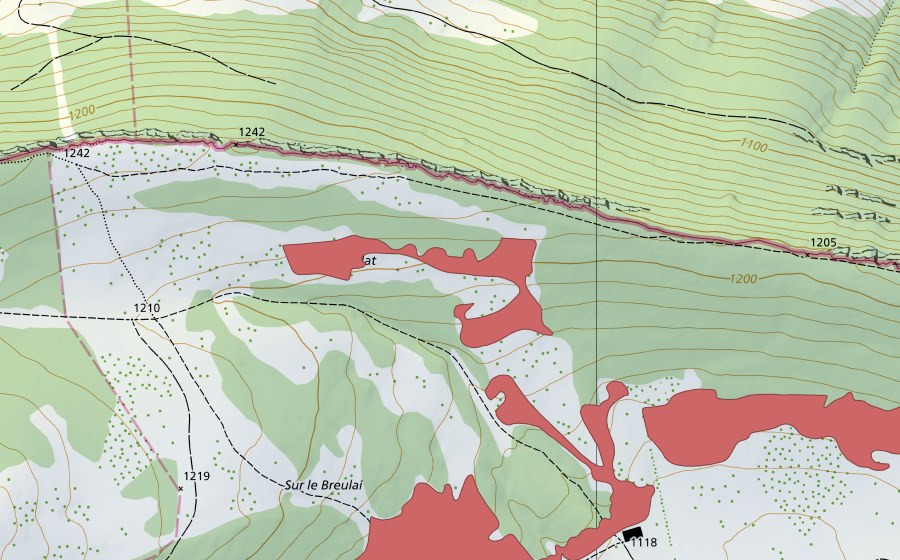 Carte nationale swisstopo avec le périmètre protégé de Pâturage du Raimeux (Prairie sèche)