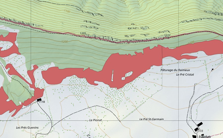 Carte nationale swisstopo avec le périmètre protégé de Pâturage du Raimeux (Prairie sèche)