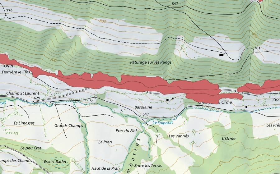 Landeskarte swisstopo mit dem Schutzperimeter von Pâturage sur Les Rangs (Trockenwiese)