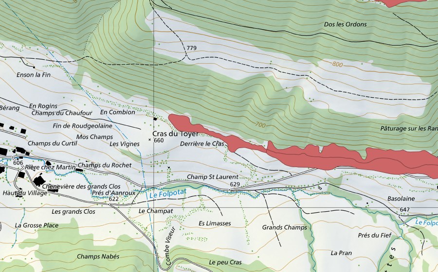 Carte nationale swisstopo avec le périmètre protégé de Pâturage sur Les Rangs (Prairie sèche)
