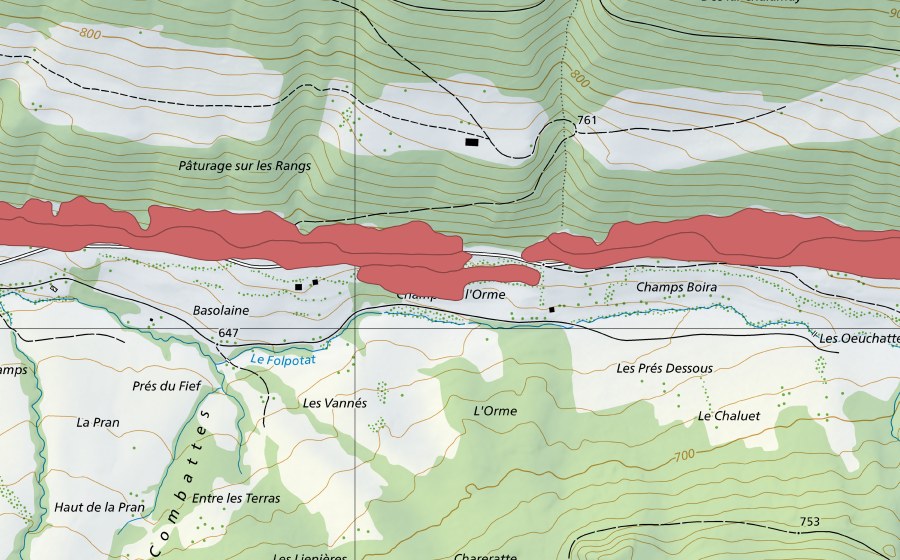 Carte nationale swisstopo avec le périmètre protégé de Pâturage sur Les Rangs (Prairie sèche)
