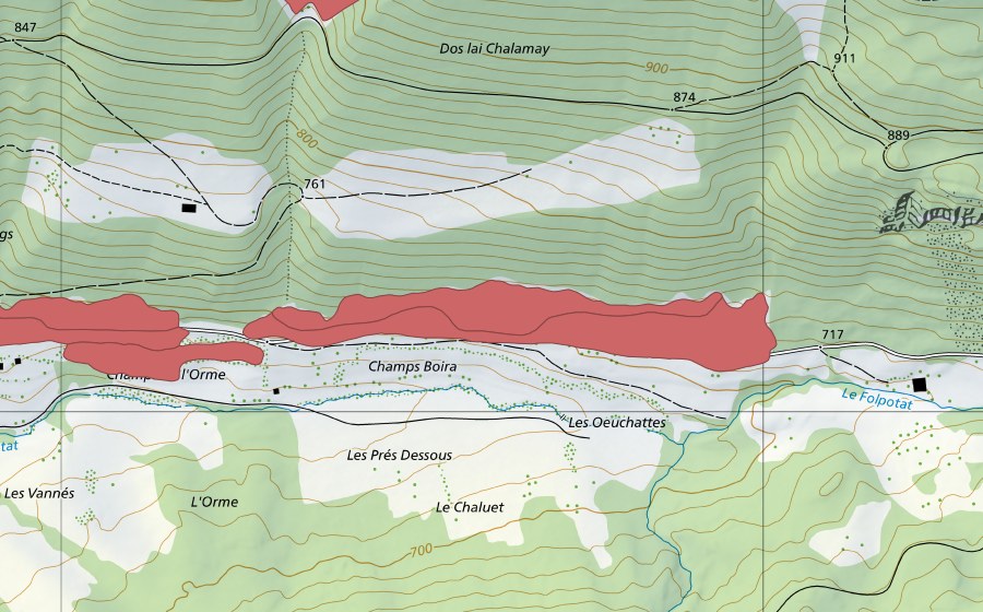 swisstopo national map showing the protected perimeter of Pâturage sur Les Rangs (Dry meadow)