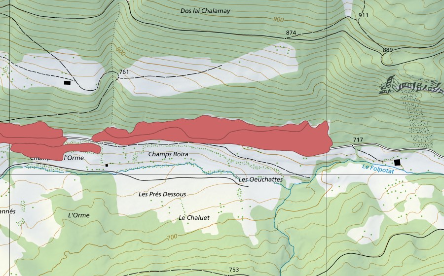 Carte nationale swisstopo avec le périmètre protégé de Pâturage sur Les Rangs (Prairie sèche)