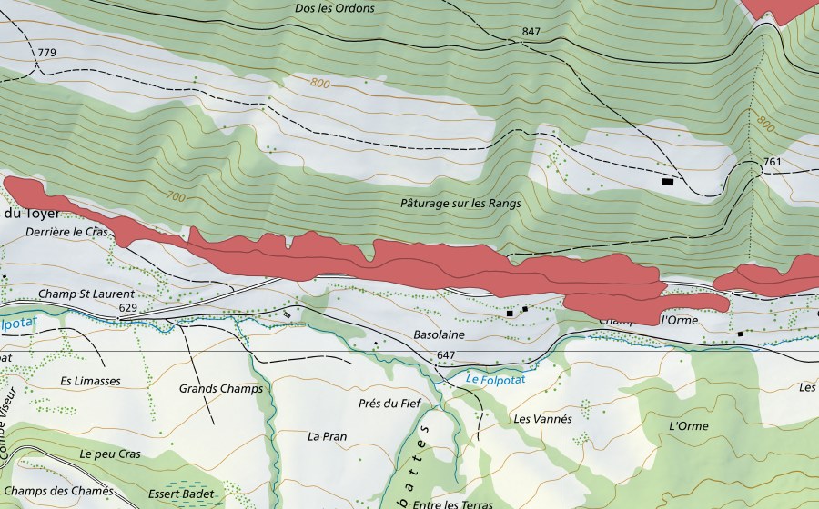 swisstopo national map showing the protected perimeter of Pâturage sur Les Rangs (Dry meadow)