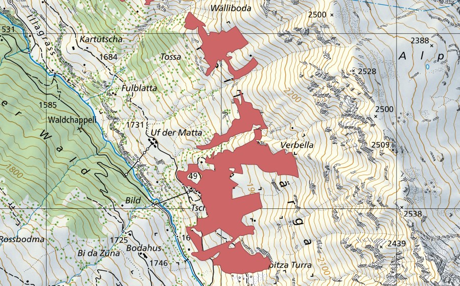 Carte nationale swisstopo avec le périmètre protégé de Peiler Bärga (Prairie sèche)