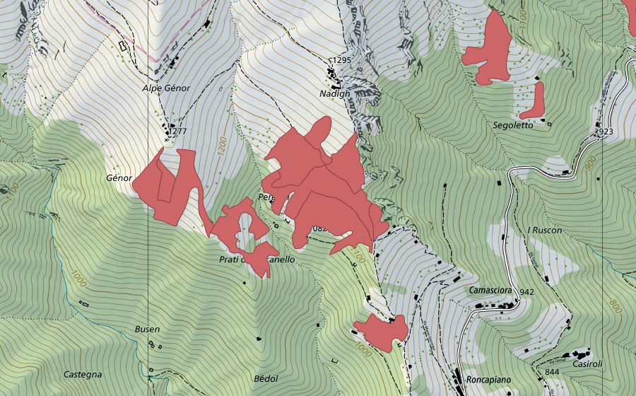 Landeskarte swisstopo mit dem Schutzperimeter von Peregai (Trockenwiese)