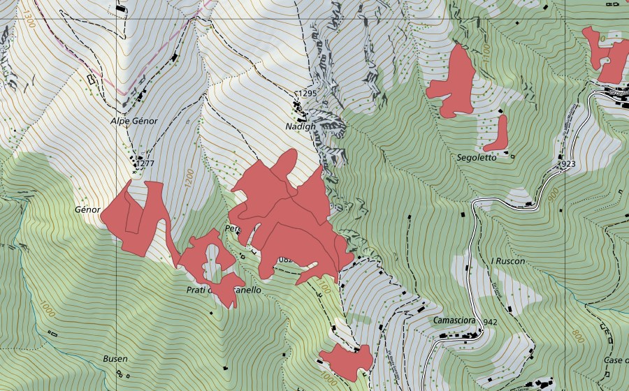 swisstopo national map showing the protected perimeter of Peregai (Dry meadow)