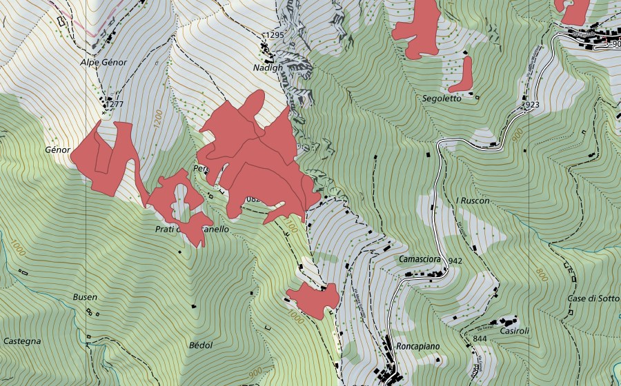 Landeskarte swisstopo mit dem Schutzperimeter von Peregai (Trockenwiese)