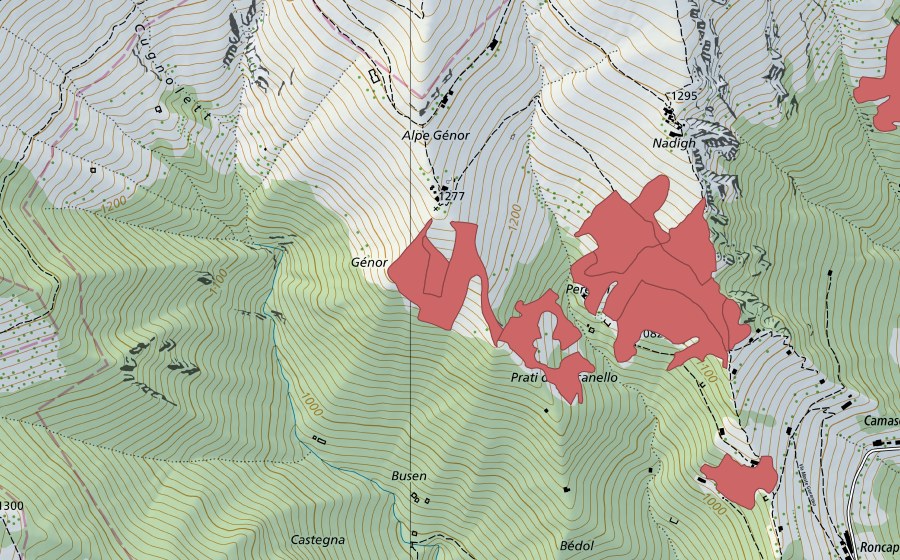 swisstopo national map showing the protected perimeter of Peregai (Dry meadow)