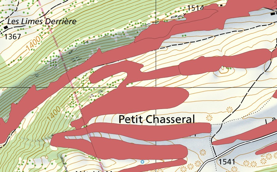 Carte nationale swisstopo avec le périmètre protégé de Petit Chasseral (Prairie sèche)