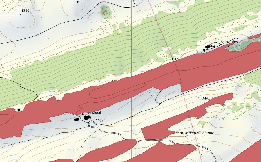 Carte nationale swisstopo avec le périmètre protégé de Petit Chasseral (Prairie sèche)