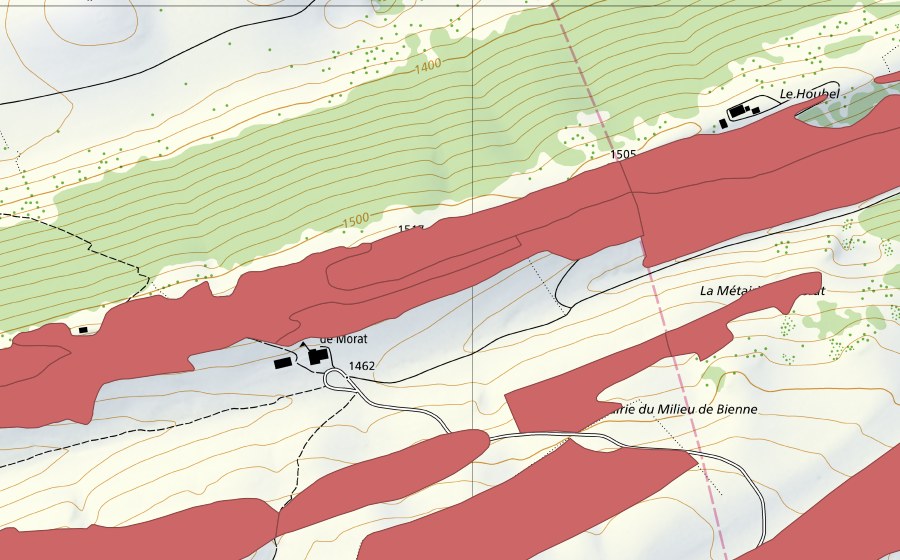 Landeskarte swisstopo mit dem Schutzperimeter von Petit Chasseral (Trockenwiese)