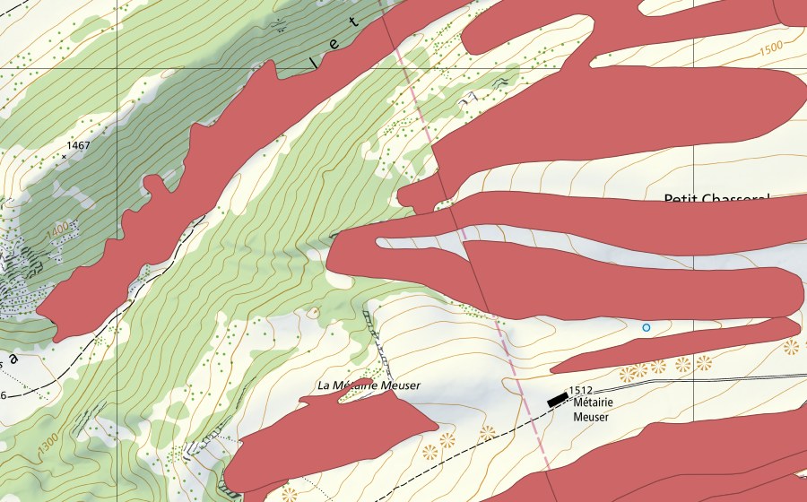 swisstopo national map showing the protected perimeter of Petit Chasseral (Dry meadow)
