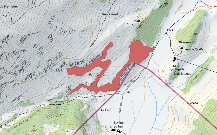 swisstopo national map showing the protected perimeter of Petit Croset (Dry meadow)