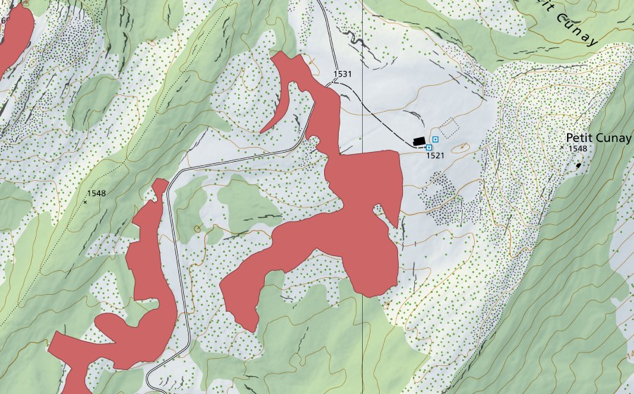 Carte nationale swisstopo avec le périmètre protégé de Petit Cunay (Prairie sèche)