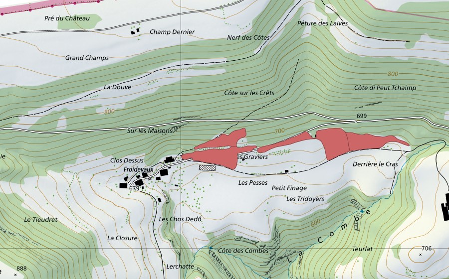 Carte nationale swisstopo avec le périmètre protégé de Petit Finage (Prairie sèche)