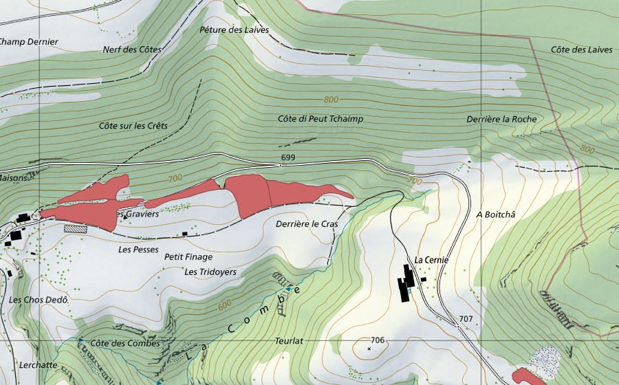 Carte nationale swisstopo avec le périmètre protégé de Petit Finage (Prairie sèche)