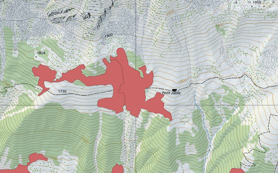 swisstopo national map showing the protected perimeter of Petit Jable (Dry meadow)