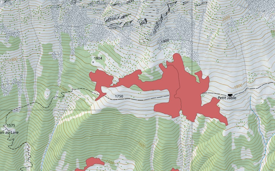 Carte nationale swisstopo avec le périmètre protégé de Petit Jable (Prairie sèche)