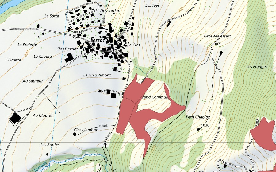Carte nationale swisstopo avec le périmètre protégé de Petit Malessert (Prairie sèche)