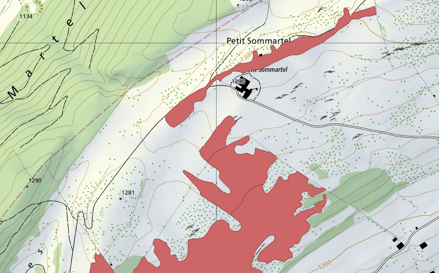Carte nationale swisstopo avec le périmètre protégé de Petit Som Martel (Prairie sèche)