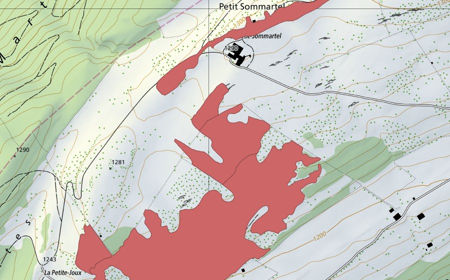 swisstopo national map showing the protected perimeter of Petit Som Martel (Dry meadow)