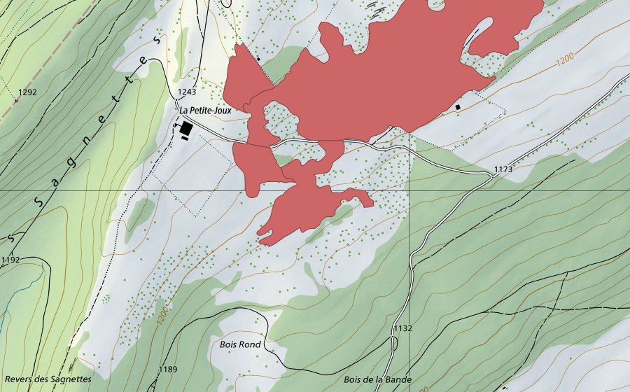 swisstopo national map showing the protected perimeter of Petit Som Martel (Dry meadow)