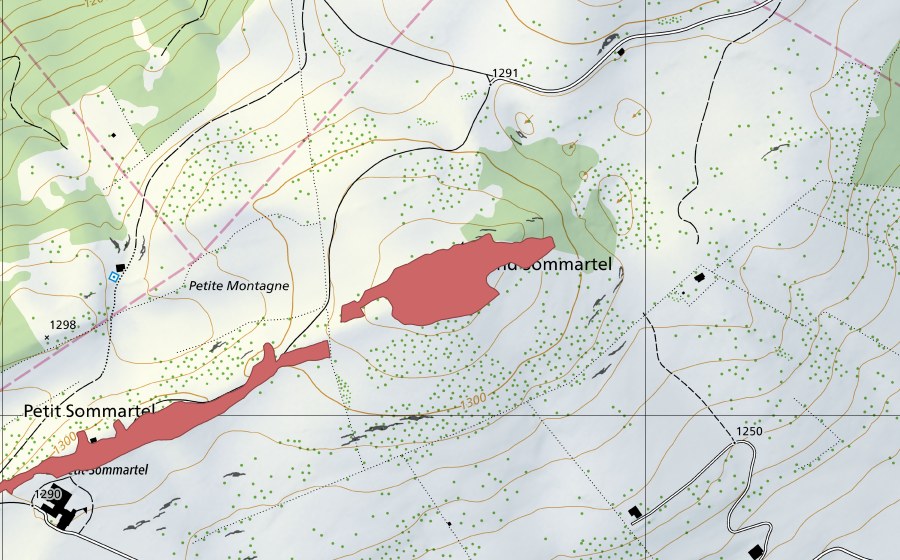 Carte nationale swisstopo avec le périmètre protégé de Petit Som Martel (Prairie sèche)