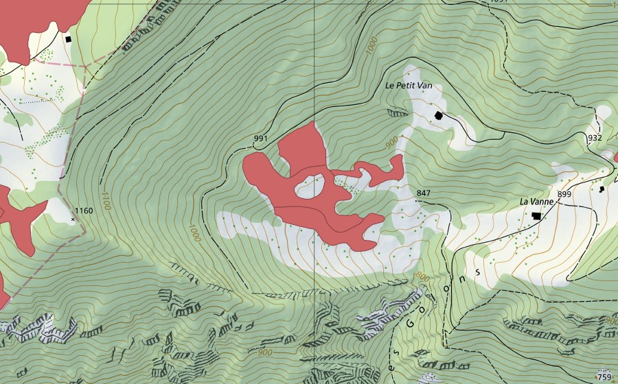 Carte nationale swisstopo avec le périmètre protégé de Petit Van (Prairie sèche)