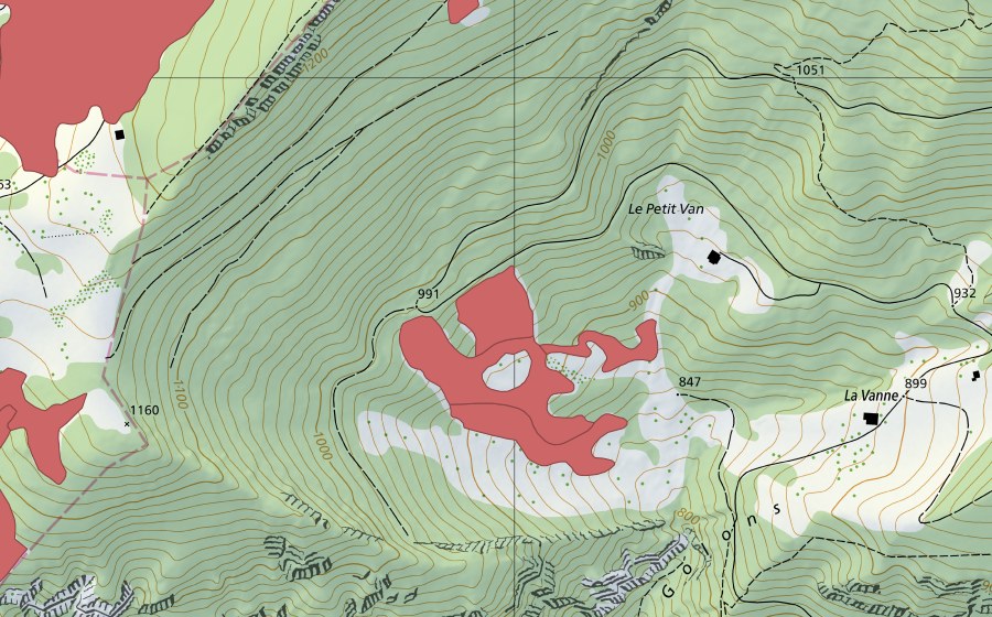 Carte nationale swisstopo avec le périmètre protégé de Petit Van (Prairie sèche)