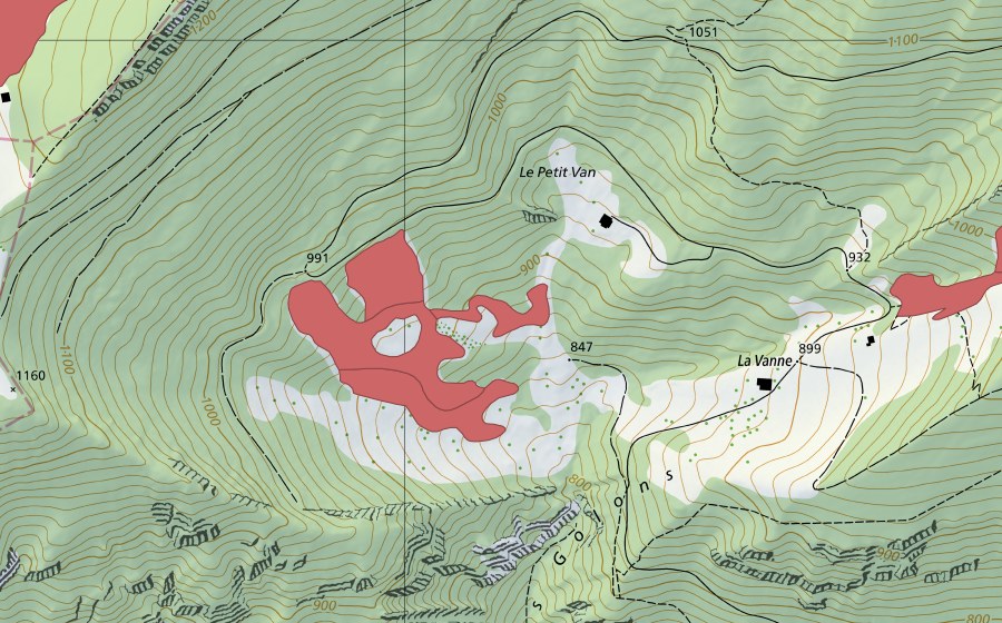 Carte nationale swisstopo avec le périmètre protégé de Petit Van (Prairie sèche)